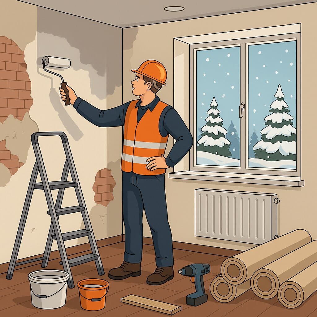 Зимен ремонт на апартамент с майстор, който боядисва стена до прозорец със сняг